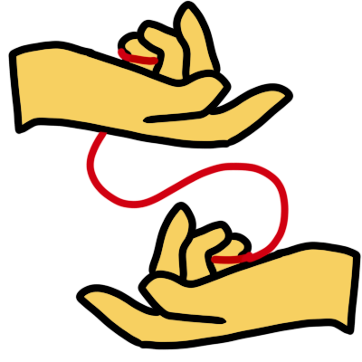 A yellow hand facing the right at the top of the image, and a yellow hand facing the left at the bottom of the image. They are connected by a red string that loops around both little fingers.